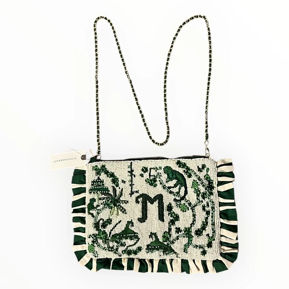 Anthropologie‎ Beaded Crossbody Bag Green Ivory Ruffle Chain Clutch NWT